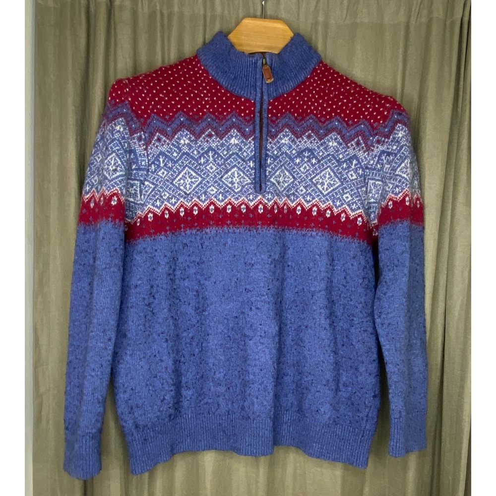 Vineyard Vines Fair Isle Quarter Zip Sweater Blue Red White Women's XL